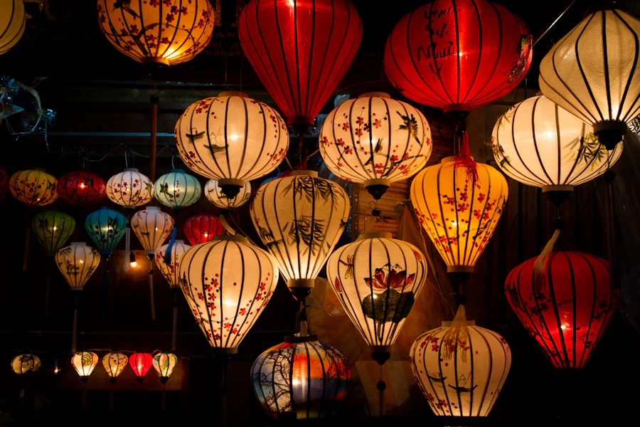 Colorful silk lanterns glowing at night in Hoi An